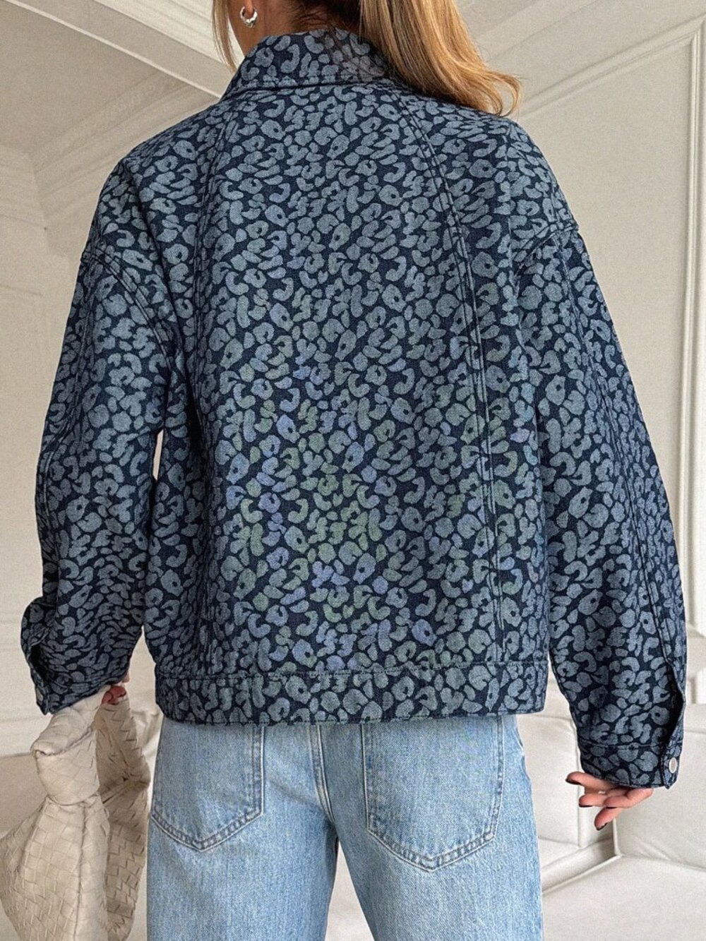 Blue Casual Women's Loose Streetwear Denim Jacket With Leopard Print - Picture 2 of 7
